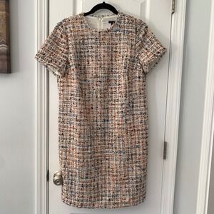 Ann Taylor Multi Color Tweed Fringe Trim Shift Dress Metallic Gold Accents 10